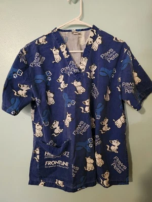 Merial Brand Dog Print On Blue Scrub Top  sz M - Image 1 of 4