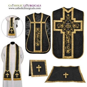 Black Roman Chasuble Fiddleback Vestment and Mass set, IHS embroidery - Picture 1 of 1