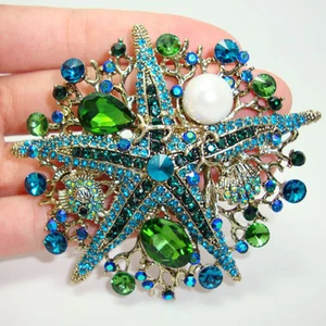 3.0" Unique Starfish Pearl Green Rhinestone Crystal Brooch Pin Gold-Tone - Picture 1 of 3