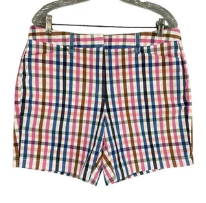 Lands End Women's 12 Mid-Rise Shorts Plaid 7" Inseam Pink Blue Brown on White - Picture 1 of 13