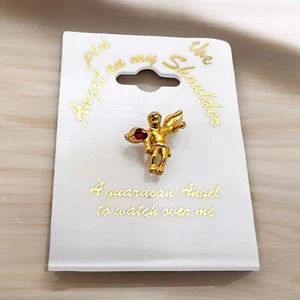 Guardian Angel Lapel Pin Gold Tone Red Rhinestone Tiny Vintage 1950s NOS - Picture 1 of 8
