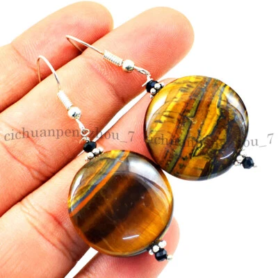 Natural Yellow Tiger's Eye 10mm Flat Coin Gems Beads Dangle Silver Hook Earrings - Image 1 of 4