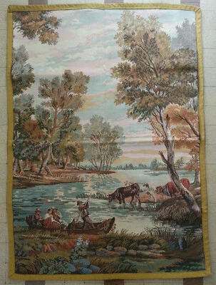 Magnifique GRANDE TAPISSERIE vintage STYLE AUBUSSON scène PASTORALE VACHES - Photo 1/4