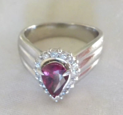 Heavy Platinum Chevron Natural Ruby Diamond Halo Ring - 9.80 gms, Sz 6, 1.16 ctw - Image 1 of 4