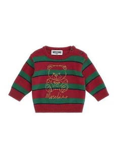 Moschino maglia girocollo a righe con ricamo orsetto verde rosso - Foto 1 di 3