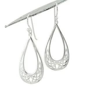 925 Sterling Silver Polished Celtic Knot Tear Drop Hanging Earrings - Picture 1 of 3