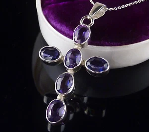 Gioielli antichi ~ 1930 Art Déco croce ciondolo blu pietre viola argento 835 4,6 cm - Foto 1 di 11