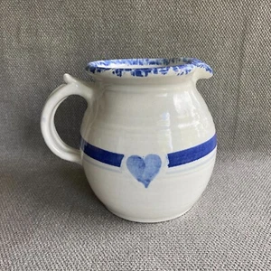 Spongeware Pitcher Blue Heart Handmade Pottery Glazed Stoneware 6" Folk Art Vtg - Picture 1 of 8