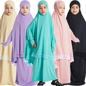 2pcs Muslim Kids Girls Hijab Prayer Dress Set Overhead Burqa Child Ramadan Robe - Afbeelding 1 van 59