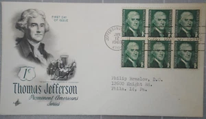 US 1968 FDC, Thomas Jefferson, Art Craft, Block of 6 1c (#1) - Picture 1 of 2