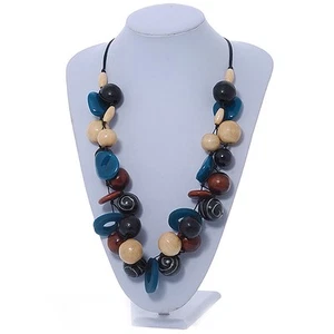 Teal/Brown/Natural/Black Cluster Wood/Resin Bead Black Cord Necklace/ 72cm/ 185g - Picture 1 of 4