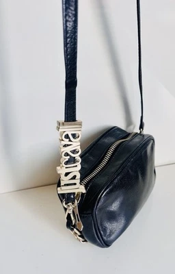 Roberto Cavalli Bag Black Cow Leather Tote Top Small Handbag Purse Chain Letters - Image 1 of 4