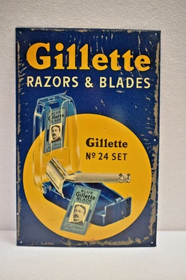 Vintage Gillette Razors & Blades Tin Litho Sign 14x10 Blue Yellow No.24 Set Engl - Image 1 of 4