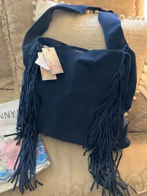 💕Johnny Was MADE IN ITALY  Suede Fringe Hobo Bag Oceano Indigo Blue NWT - Image 1 of 4