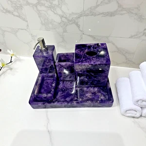 Elegance Amethyst Stone Bathroom Set Handmade 5 Piece Vanity Decor - Picture 1 of 6