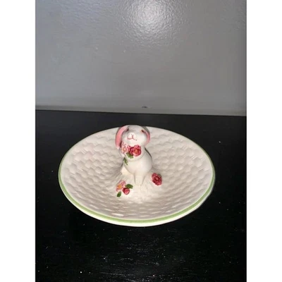 Vintage Avon Ceramic Bunny Trinket Easter Spring Flowers Green Rim - Image 1 of 4