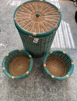 Rattankorb/ Wäschekorb Mit Deckel Set 1x Groß 2x Kleine Handmade Indonesien - Bild 1 von 4