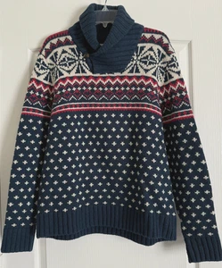 H&M LOGG  Sweater Heavy Nordic Shawl Collar Snowflake Blue Wool Blend XL - Picture 1 of 7