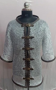 Medieval Chainmail Shirt Flat Riveted Ring Leather Trim Armor SCA LARP Costume - Picture 1 of 3