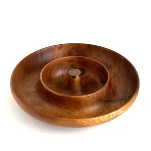 Wooden & Brass Double Bowl Vintage Mid Century Chip Cracker Snack Nut Bowl 12" - Picture 1 of 9