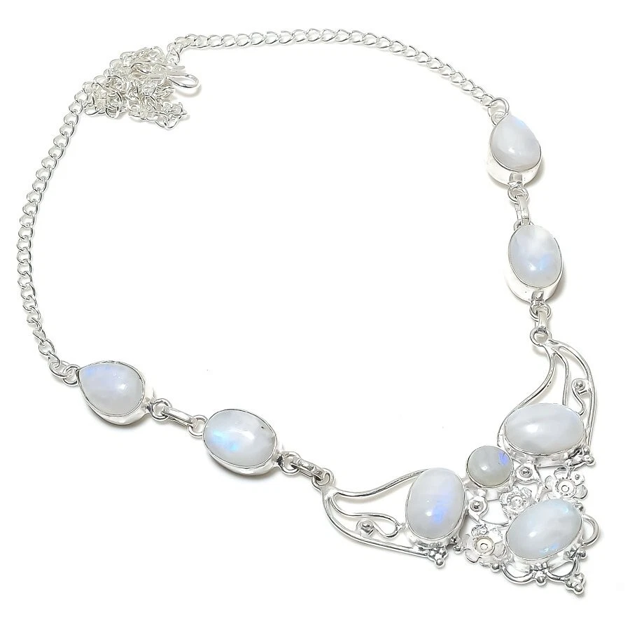 Collar de joyería hecha a mano de plata de ley 925 con piedras preciosas de luna arco iris talla 18" Foto 1 de 1