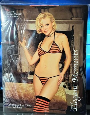 Elegant Moments Style 1407 Black/Orange 3 Pc Striped Bra, Thong & Stockings OSFM - Image 1 of 2