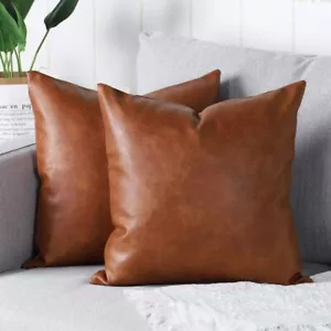 Real Leather Throw Pillow Covers, Set of 2 Brown Modern Couch Cushion Covers - Picture 1 of 4