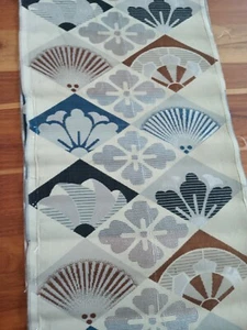 JAPANISCHER KIMONO OBI VINTAGE ANTIK INFORMELL GEWEBT blau braun silber gold Fächer - Bild 1 von 9