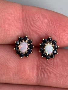 9ct gold opal sapphire cluster earrings, vintage 9k 375 - Picture 1 of 7