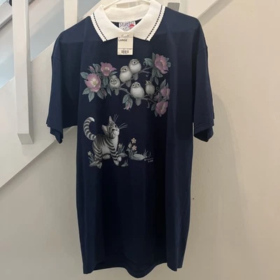 Camiseta De Colección Mañana Sol Cuello Abuela Gatos Pájaros NUEVAS Etiquetas Grande Cottagecore Foto 1 de 4