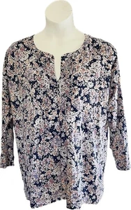 Camisa Tejida Jill Talla 1X Azul Marino Floral Pintucks Mangas Largas Mezcla de Algodón - Imagen 1 de 5