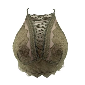 Victoria's Secret Very Lace-up High Neck Bralette Olive Lace Bra Small - Picture 1 of 7