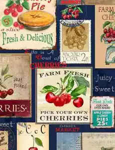 Cherry Pie Fabric BTY, Cherry Signs and Cherry Pie, CD1541 Cotton - Picture 1 of 2