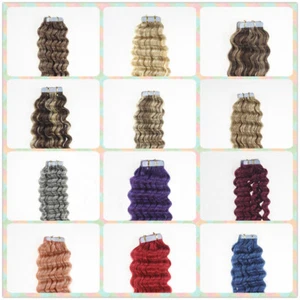Tape in Remy Human Hair Extensions Seamless Skin Weft Deep Curly Hair 18inch45cm - Picture 1 of 81