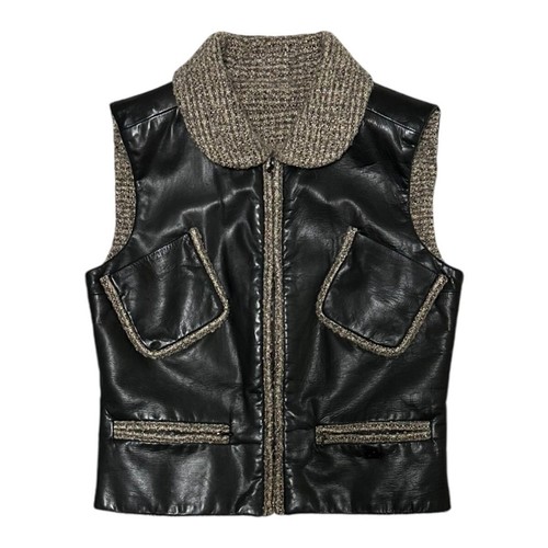 CHANEL gilet vintage in pelle di agnello con zip tweed nero beige taglia 38