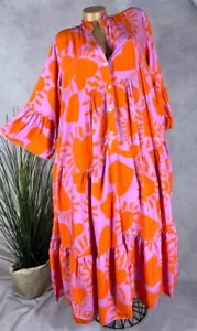 Boho MAXI KLEID Stufen Tunika Italy Perlmuttknöpfe ORANGE/PINK 40 42 44 - Bild 1 von 6