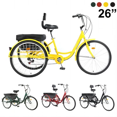 26 24" Triciclo Adulto 7 Velocidades 3 Ruedas Triciclo Bicicleta Crucero con Cesta Para Compras Foto 1 de 2