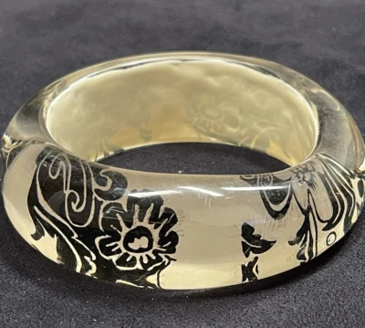 Vintage Wide Bangle Bracelet Floral Flower Chunky Black/Ivory clear - Image 1 of 4