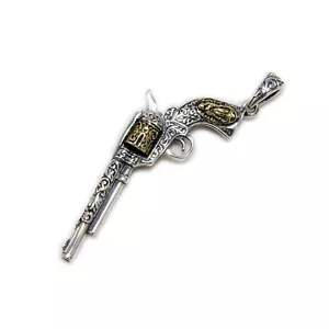 ANTIQUE REVOLVER PISTOL BRASS 925 STERLING SILVER BIKER GOTHIC PENDANT TOU-023 - Picture 1 of 6