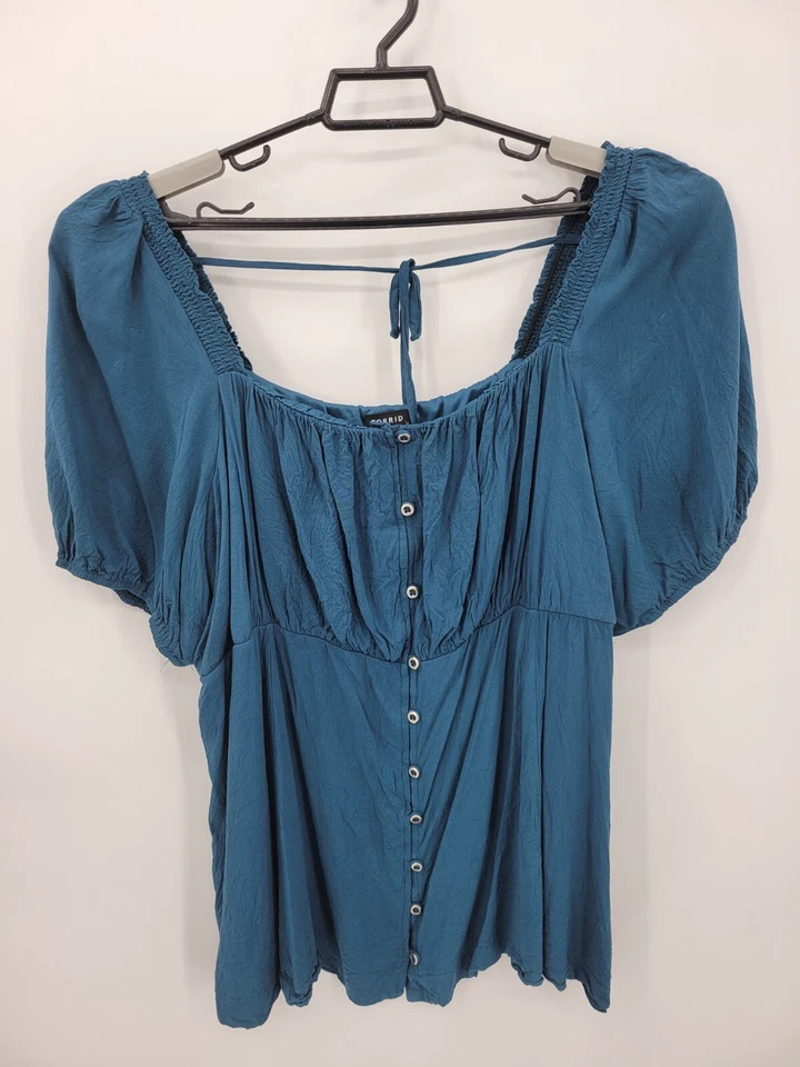 Torrid Top Womens Plus 2X Blue Peplum Puff Sleeve Babydoll Boho Tie Back Blouse - Image 1 of 4