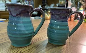 Pair Of Art Pottery Mugs Purple/Blues & Purples W/Ribbing Artist Signed - Picture 1 of 9