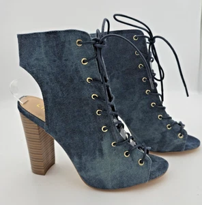 Liliana Denim Damen 9 Peeptoe Schnürstiefel Blockabsatz nie getragen - Bild 1 von 14