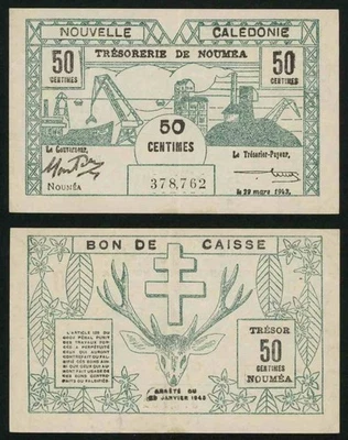 2 Banknotes Arrete January 29, 1943 New Caledonia One Franc & 50 Centimes XF VF - Image 1 of 4