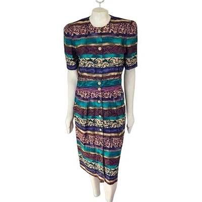 Vintage 90s POSITIVE ATTITUDE Patterned Stripe Gold Button Sheath Dress WOMENS 8 - Image 1 of 4