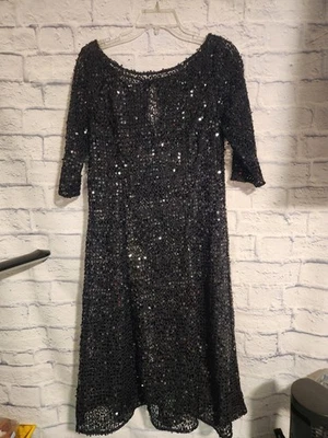 KAY UNGER Cocktail Dress Black Sequined Slip Lined A-Line Sz 12 Holiday EUC  - Image 1 of 4