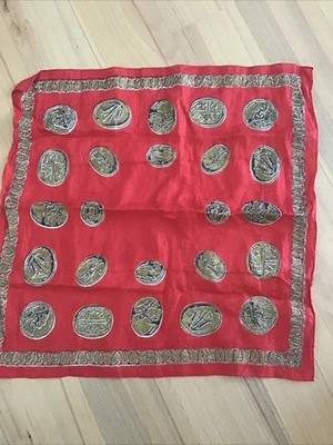 Vintage Coin Handkerchief  Scarf Pocket Square Red Gold Roman Greek Retro - Image 1 of 4