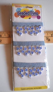 FLOWER BEADED TRIM ON BLUE TWILL  18" LONG  X   1 1/4  INCHES WIDE   NEW PACKAGE - Picture 1 of 2