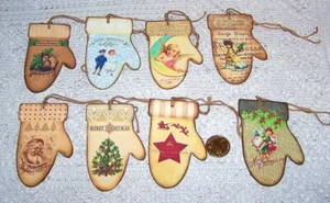 6~Christmas~Vintage~Mitten~Santa~Kids~Linen Cardstock~Gift~Hang~Tags~Ornaments - Picture 1 of 1