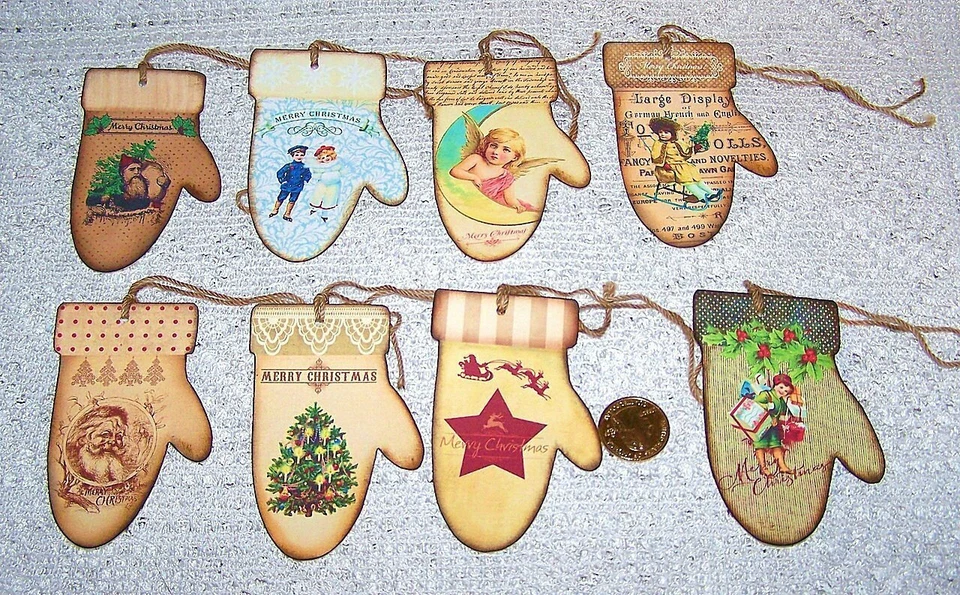 6~Christmas~Vintage~Mitten~Santa~Kids~Linen Cardstock~Gift~Hang~Tags~Ornaments - Image 1 of 1