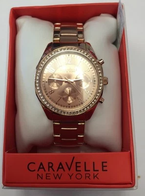 CARAVELLE cronógrafo feminino tom ouro rosa mostrador rosa cristais 44L117 - Imagem 1 de 4